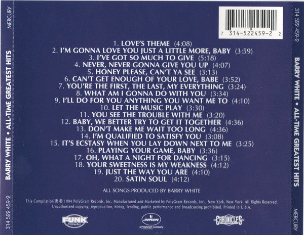 Barry White : All-Time Greatest Hits (CD, Comp, RE, RM, Son)