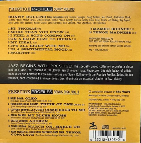 Various : Prestige Profiles Bonus Disc, Vol. 3 (CD, Comp, Mono, Promo)