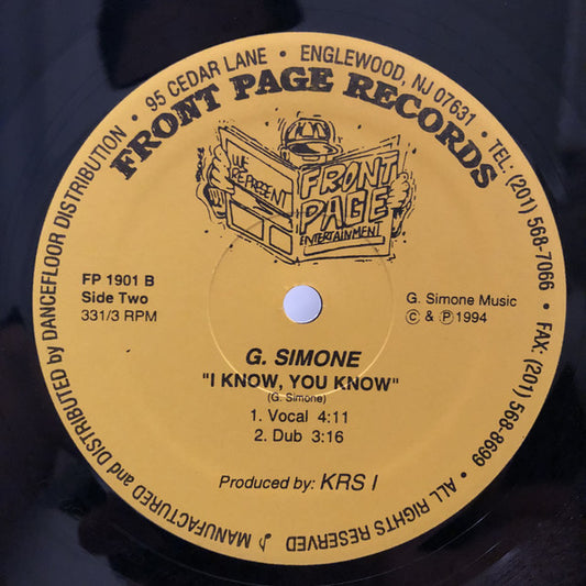 G. Simone : Music For The 90's / I Know, You Know (12")