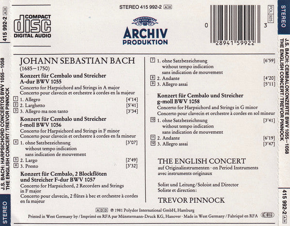 Johann Sebastian Bach - Trevor Pinnock • The English Concert : Konzerte Für Cembalo Und Streicher (BWV 1055 • 1056 • 1057 • 1058) (CD, Album, RP, PDO)