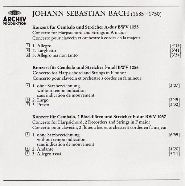 Johann Sebastian Bach - Trevor Pinnock • The English Concert : Konzerte Für Cembalo Und Streicher (BWV 1055 • 1056 • 1057 • 1058) (CD, Album, RP, PDO)