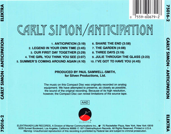 Carly Simon : Anticipation (CD, Album, RE)