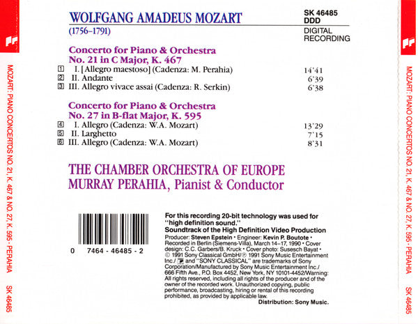 Wolfgang Amadeus Mozart, Murray Perahia, The Chamber Orchestra Of Europe : Piano Concertos Nos. 21 & 27 (CD, Album)