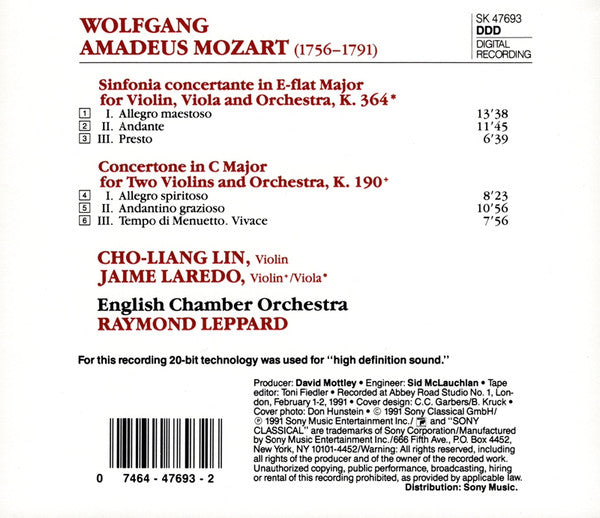 Wolfgang Amadeus Mozart, Cho-Liang Lin / Jaime Laredo / English Chamber Orchestra, Raymond Leppard : Sinfonia Concertante - Concertone (CD, Album)