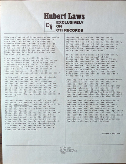 Hubert Laws : The Rite Of Spring (LP, Album, Promo, Gat)