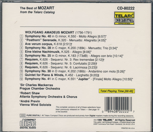 Wolfgang Amadeus Mozart : The Best Of Mozart: Selections From Eine Kleine Nachtmusik, Symphonies No. 25, No. 28, No. 30, No. 40 & No. 41, Requiem And Others (CD, Album, Comp)