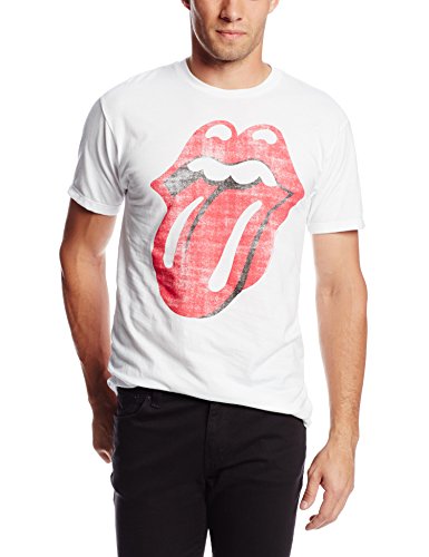 The Rolling Stones - Men'S Stones Classic Distressed Tongue On White T-Shirt, White, Small (LP) M