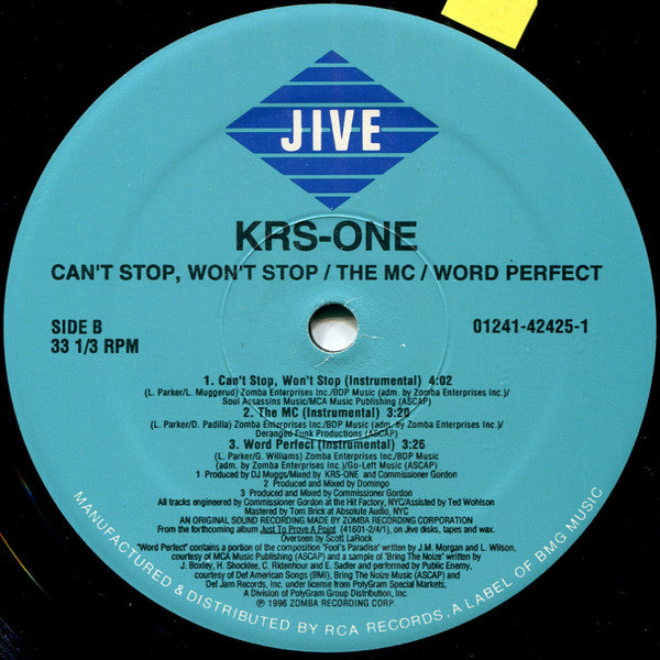 KRS-One : Can't Stop, Won't Stop / The MC / Word Perfect (12", Single)