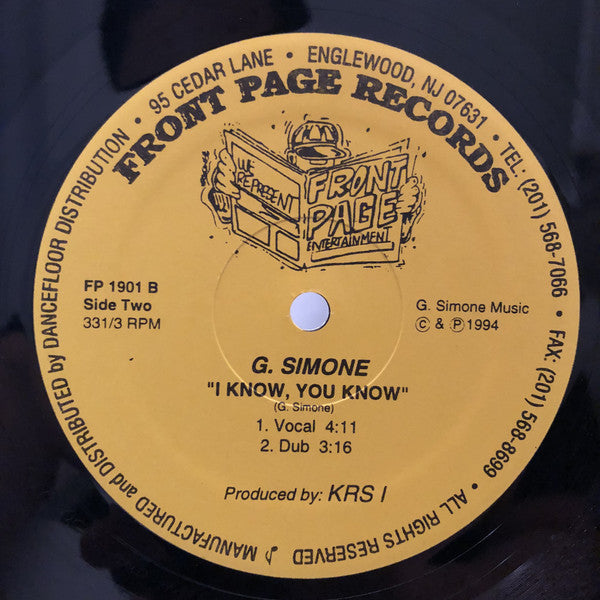 G. Simone : Music For The 90's / I Know, You Know (12")
