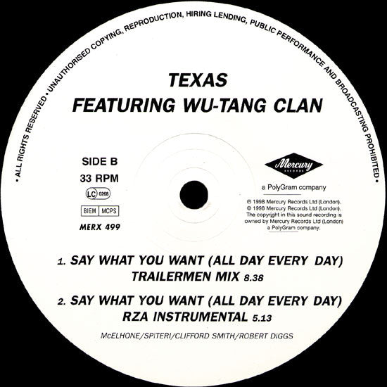 Texas Featuring Wu-Tang Clan : Say What You Want (All Day, Every Day) (12", Single)