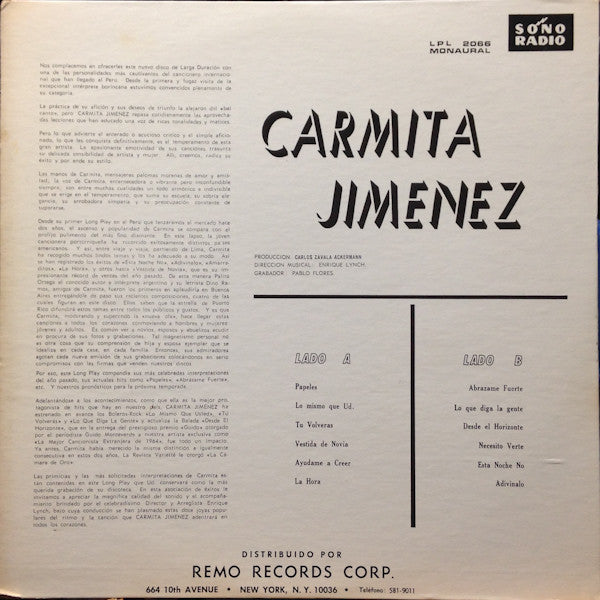 Carmita Jimenez, Enrique Lynch Y Su Orquesta : Papeles (LP, Album, Mono)