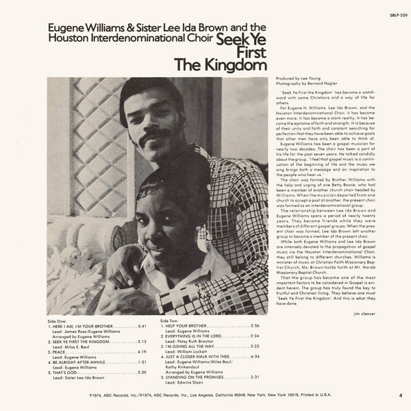 Eugene Williams (4) & Lee Ida Brown And Houston Interdenominational Choir : Seek Ye First The Kingdom (LP, Album)